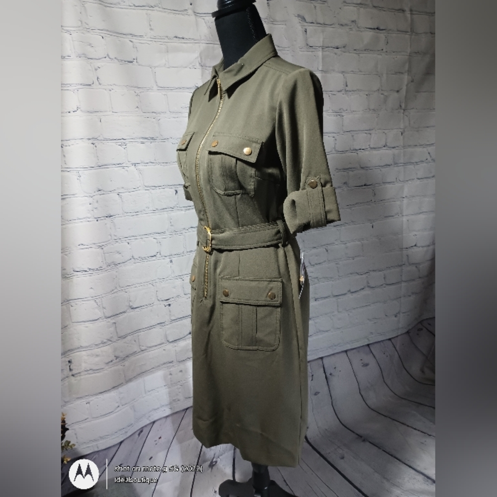 Short Sleeve Full Body Zipper Midi ShiftDress OliveDrab - Picture 8 of 16